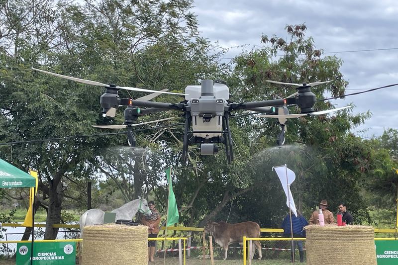 Spray drone demonstrating its sprayers in flight above a field lined with trees